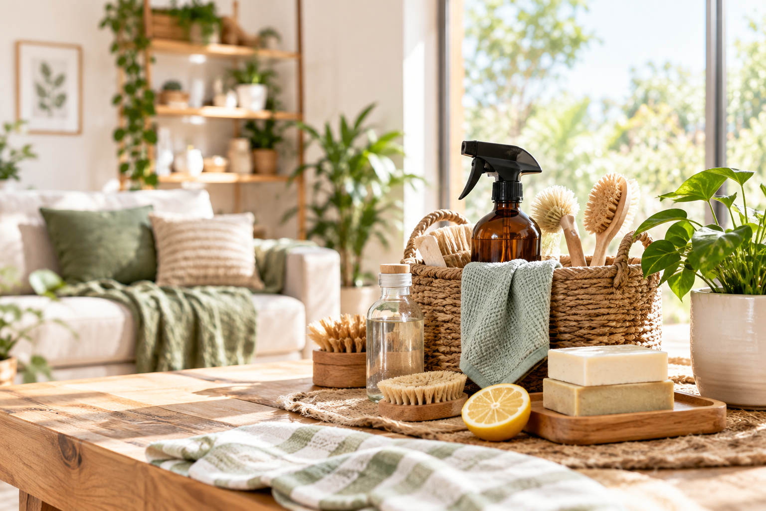 Hogar sostenible con elementos naturales y reutilizables